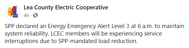 Facebook post screenshot from Lea County Electric about an Energy Emergency Alert.