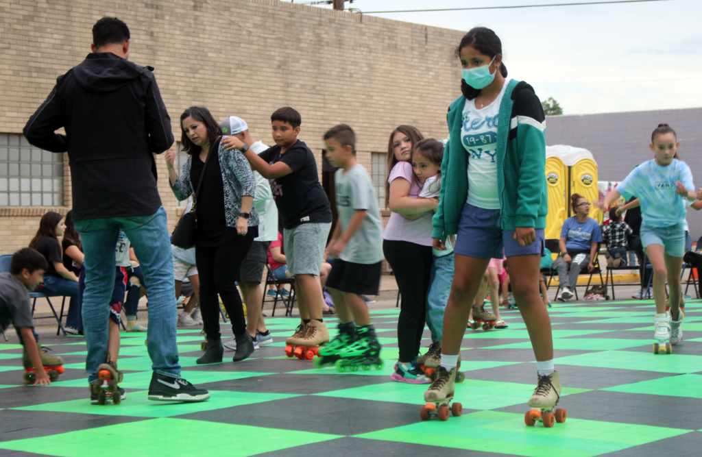 Girl skating with face mask