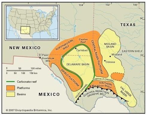 Delaware, Midland and Val Verde Basins map.  New Mexico and Texas.